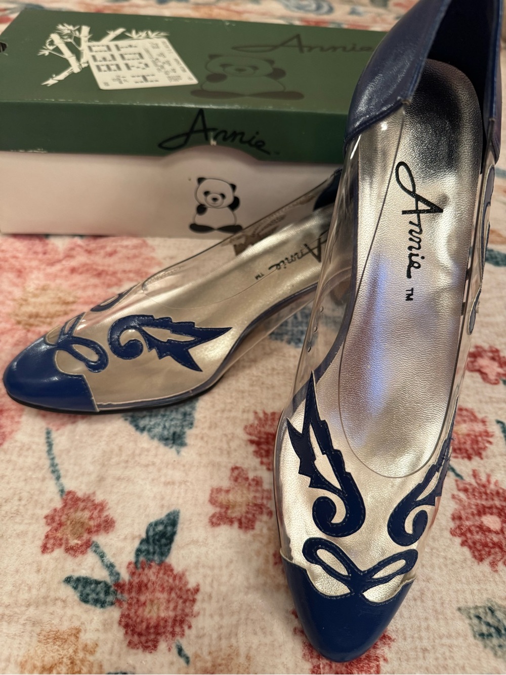Vintage Annie heels ft clear transparent upper material w/ blue floral appliqué